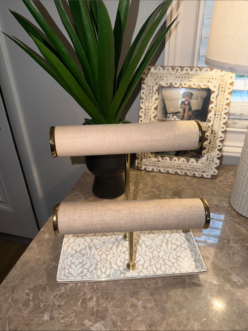 Target Two-Tier Beige Linen and Gold Jewelry Stand